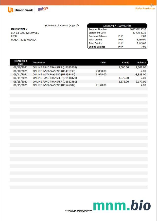 Filipiny Unionbank excel